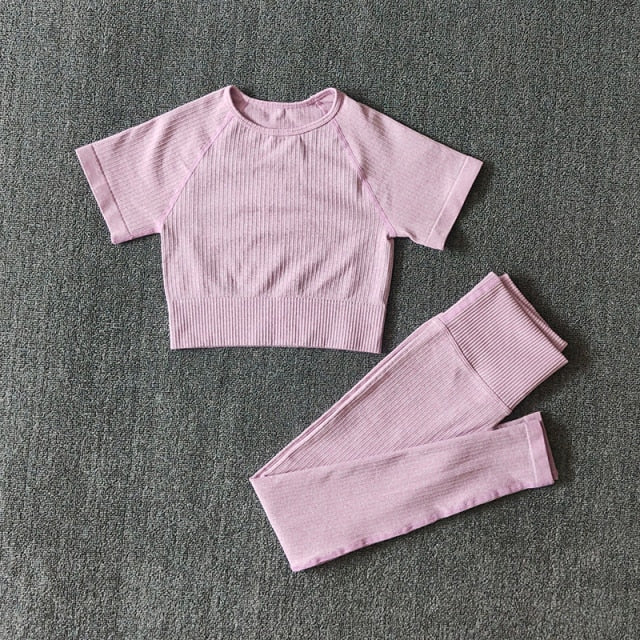 Conjunto Yoga Seamless para Mujer – Crop Top Manga Corta y Leggings Deportivos