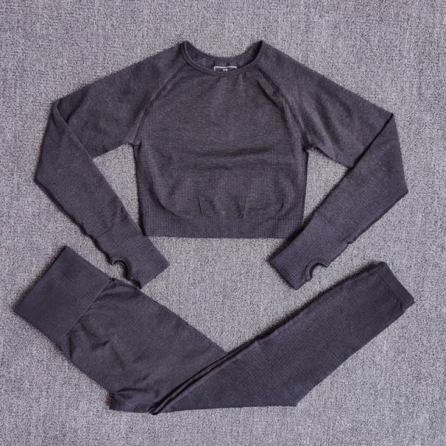 Conjunto Yoga Seamless para Mujer – 2, 3 o 5 Piezas con Crop Top Manga Larga, Corta o Sin Mangas y Leggings