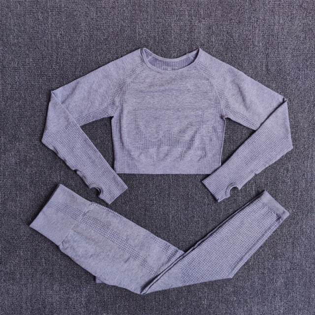 Conjunto Yoga Seamless para Mujer – 2, 3 o 5 Piezas con Crop Top Manga Larga, Corta o Sin Mangas y Leggings