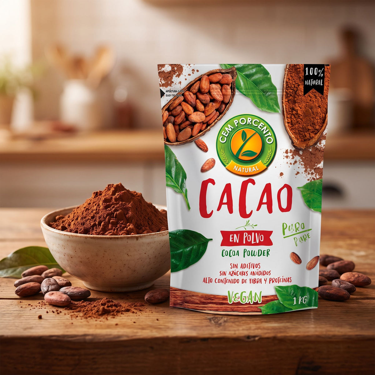 Cacao Puro en Polvo 100% Natural 1Kg - Cem Porcento
